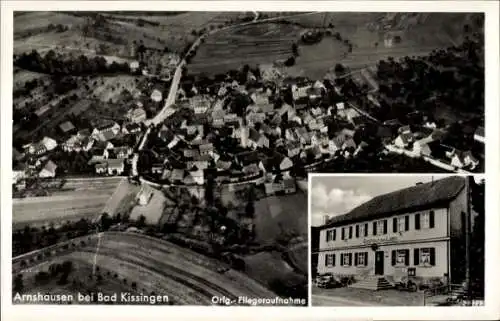 Ak Arnshausen Bad Kissingen Unterfranken Bayern, Luftaufnahme des Dorfes, Gasthaus zum Gamm, schö