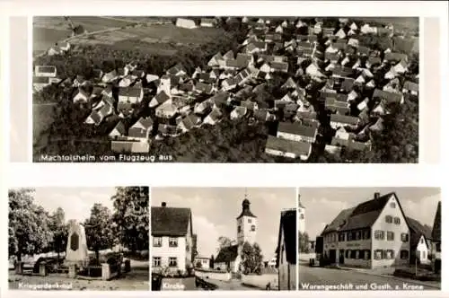Ak Machtolsheim Laichingen in Württemberg, Luftaufnahme, Kriegerdenkmal, Kirche, Warengeschäft, G