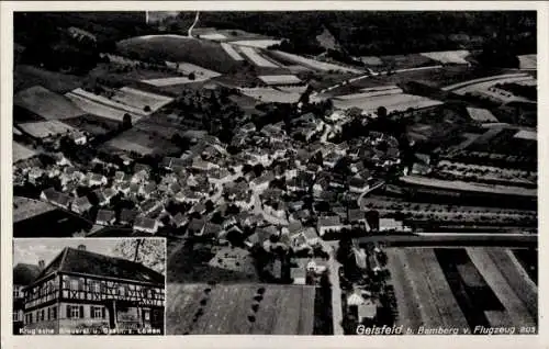 Ak Geisfeld Strullendorf in Oberfranken, Luftbild von Geisfeld, Krug'sche Brauerei, Gasthaus zum 