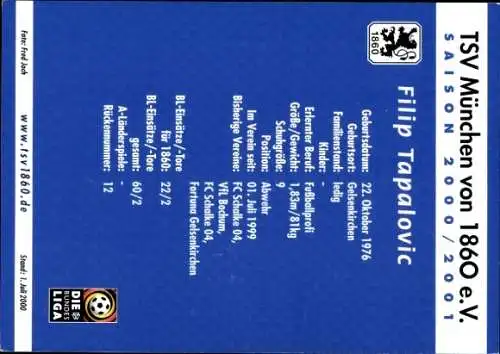 Autogrammkarte Fußballer Filip Tapalovic, TSV 1860 München, Autogramm