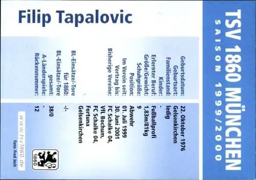 Autogrammkarte Fußballer Filip Tapalovic, TSV 1860 München, Autogramm