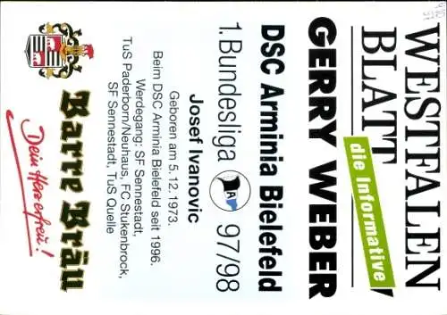 Autogrammkarte Fußballer Josef Ivanovic, DSC Arminia Bielefeld, Autogramm