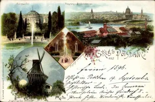 Mondschein Litho Potsdam, Gesamtansicht, Sanssouci, Historische Mühle