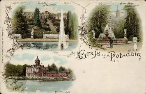 Litho Potsdam, Sanssouci, Marmorpalais, Historische Mühle