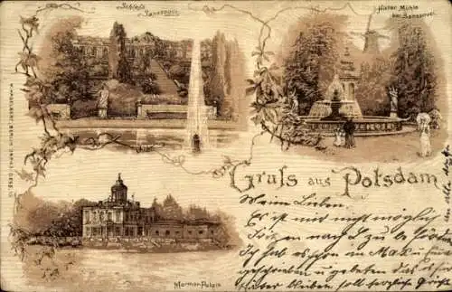 Litho Potsdam, Sanssouci, Marmorpalais, Historische Mühle