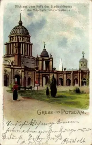 Litho Potsdam, Stadtschloss, Nikolaikirche, Rathaus