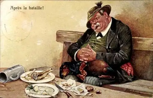 Künstler Ak Nach der Arbeit ist gut ruh'n, Jäger nach dem Essen, Dackel