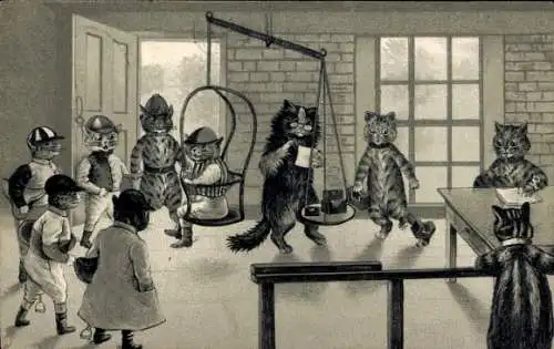 Künstler Ak Wain, Louis, Vermenschlichte Katzen als Jockey, Waage