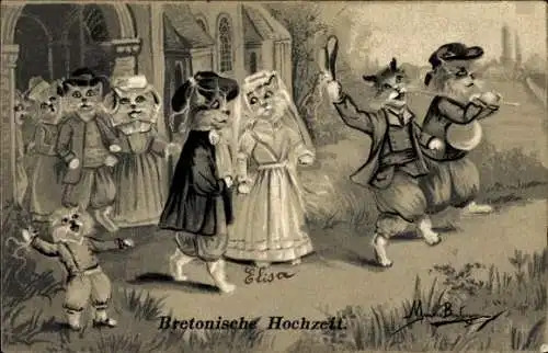 Künstler Litho Boulanger, Maurice, Bretonische Hochzeit, vermenschlichte Katzen