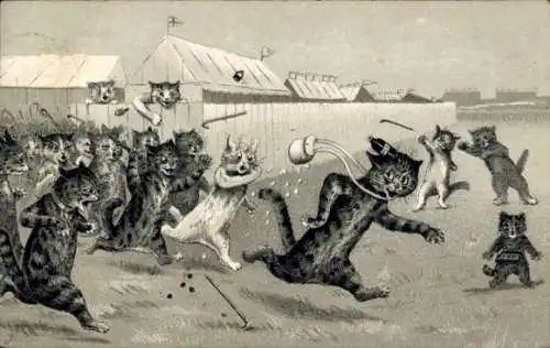 Litho Vermenschlichte Katze, Kater wird verjagt