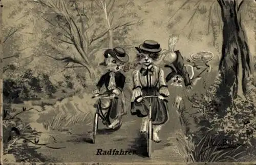 Künstler Ak vermenschlichte Katzen fahren Fahrrad im Wald
