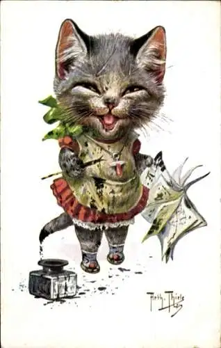 Künstler Ak Thiele, A., Vermenschlichte Katze, Tintenfass, Tintenflecke