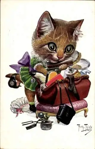 Künstler Ak Thiele, A., Vermenschlichte Katze, Handtasche, Gepäck, Uhr, Kamm