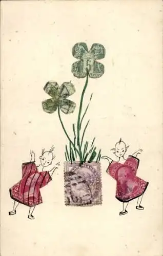 Briefmarken Ak Asiatische Kinder, Kleeblätter, Collage aus Briefmarken