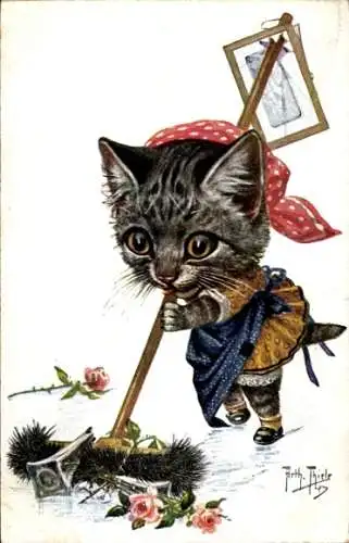 Künstler Ak Thiele, A., Vermenschlichte Katze, Besen