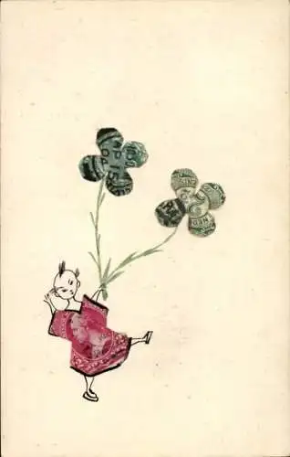 Briefmarken Ak Kind mit Kleeblättern, Collage aus Briefmarken