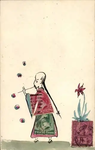 Briefmarken Ak Asiatischer Mann, Seifenblasen, Collage aus Briefmarken