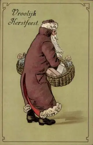 Präge Ak Frohe Weihnachten, Weihnachtsmann mit Geschenkkörben