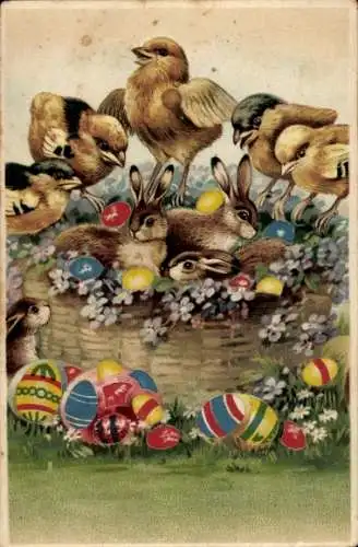 Präge Ak Frohe Ostern, Korb mit Osterhasen, Küken, Ostereier
