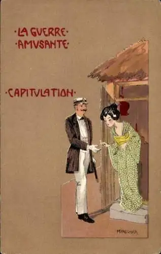 Künstler Ak Praschka, Der amüsante Krieg, Kapitulation, Kaiser Wilhelm II., Japanerin