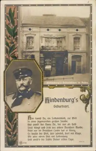 Ak Poznań Posen, Geburtshaus Generalfeldmarschall Paul von Hindenburg, Portrait, Geschäft, Gedicht