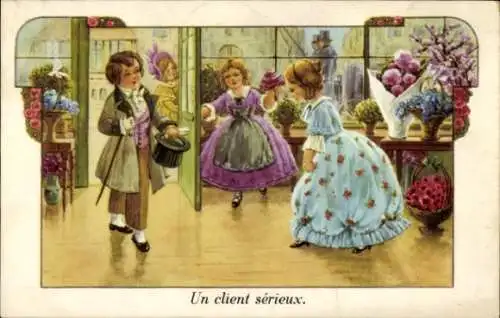 Ak Kinder im Blumenladen, Nobler Junge, Zylinder, Gehstock, Blumen