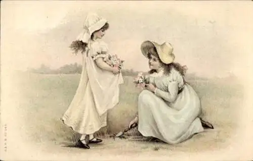 Litho Mädchen pflücken Blumen, Blumenwiese