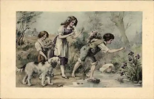 Künstler Ak Kinder mit Hund, Bach