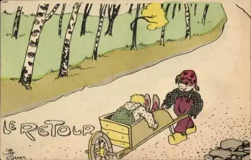 Ak Kinder auf dem Nachhauseweg, Schubkarre, Birken, Wald