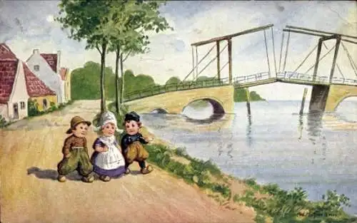 Künstler Ak Drei Kinder in traditioneller holländischer Kleidung, Brücke, Fluss