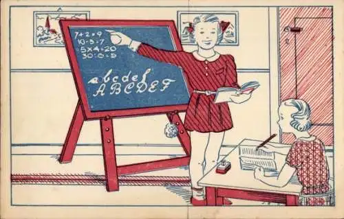 Ak Eine Lehrerin steht vor einer Tafel, Matheunterricht, Fleißige Schülerin