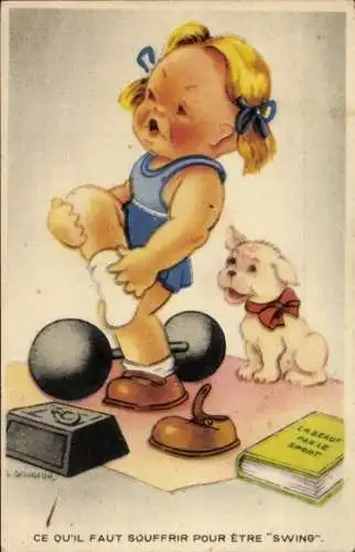 Künstler Ak Gougeon, Labeaut, Ce quil faut souffir pour etre Swing, Kind, Hund, Gewichte, Buch
