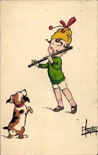 Künstler Ak Vandet, F., Junge mit einer Flöte und ein Hund