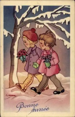 Künstler Ak Glückwunsch Neujahr, Kinder machen Spaziergang, Blumen