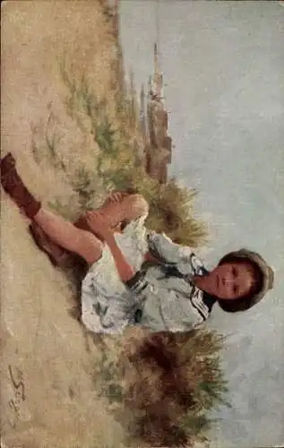 Künstler Ak Seeger, Kind sitzt am Strand, Gemaltes Porträt