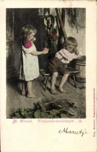 Künstler Ak Wünsch, M., Kinder, Beleidigter Junge, Geschenk, Versöhnung