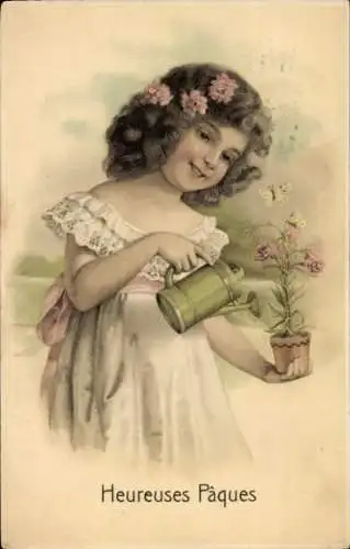 Ak Glückwunsch Ostern, Mädchen gießt Blumen, Schmetterlinge
