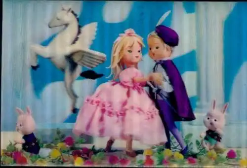 3-D Ak Kleine Tänzer, Pferd, Prinzessin, Prinz und zwei Hasen