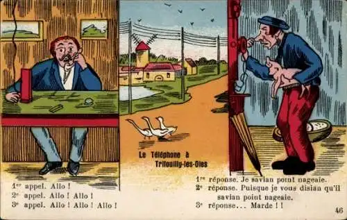 Ak Frankreich, Zwei Männer beim Telefonieren, Telefon, Humor