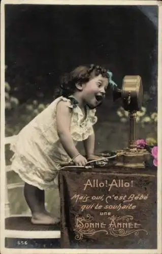 Ak Kind spricht ins Telefon, Allo! Allo!, Glückwunsch Neujahr