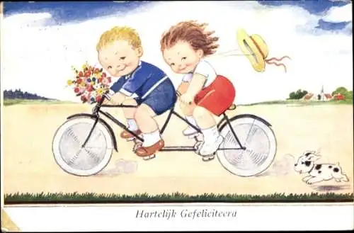 Ak Glückwunsch, Kinder fahren Tandem
