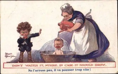 Künstler Ak Alte Frau badet ein Kind, Gießkanne