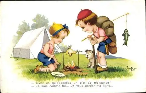 Künstler Ak Patt, J., Kinder machen Lagerfeuer, Essen-Zubereitung, Zelt
