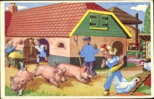 Ak Schweine flüchten aus dem Schweinestall, Bauernhof, Bauern, Hühner