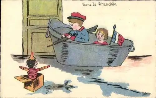 Ak Kinder in Uniformen, Badewanne, Französische Fahne, Gewehr