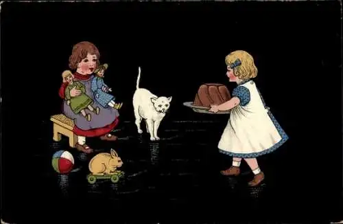 Ak Zwei Mädchen, Kuchen, Weiße Katze, Spielzeuge, Puppen