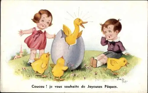 Künstler Ak Patt, J., Glückwunsch Ostern, Kinder, Küken im Ei