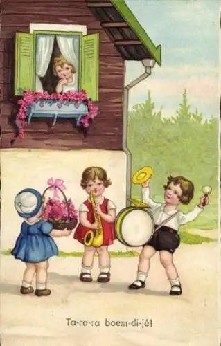 Ak Musizierende Gratulanten, Kinder, Mädchen am Fenster, Musikinstrumente