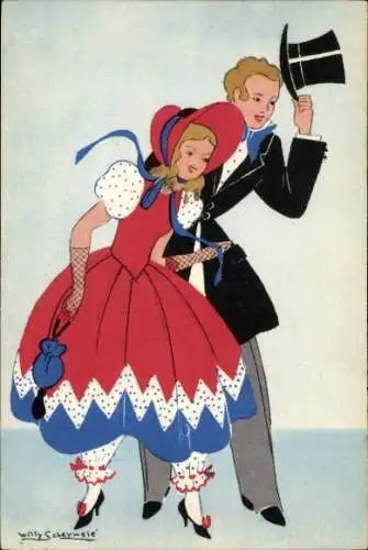 Künstler Ak Schermele, W., Paar, Nobler Mann, Kinder, Zylinder