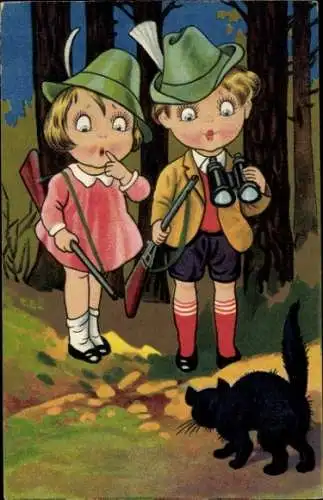 Ak Zwei Jäger begegnen einer schwarzen Katze, Wald